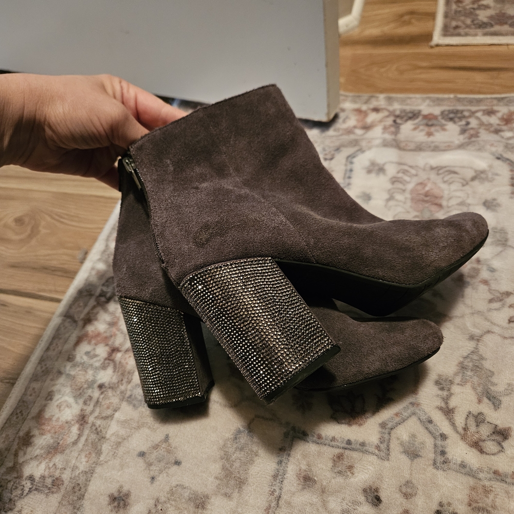 Kenneth Cole Reaction Charcoal Suede Ankle Boots with Sparkling Heels